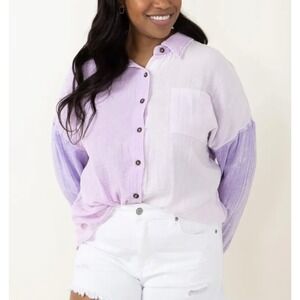 Simply Southern Gauze Colorblock Button Down Collared Shirt Lilac 100% Cotton XL